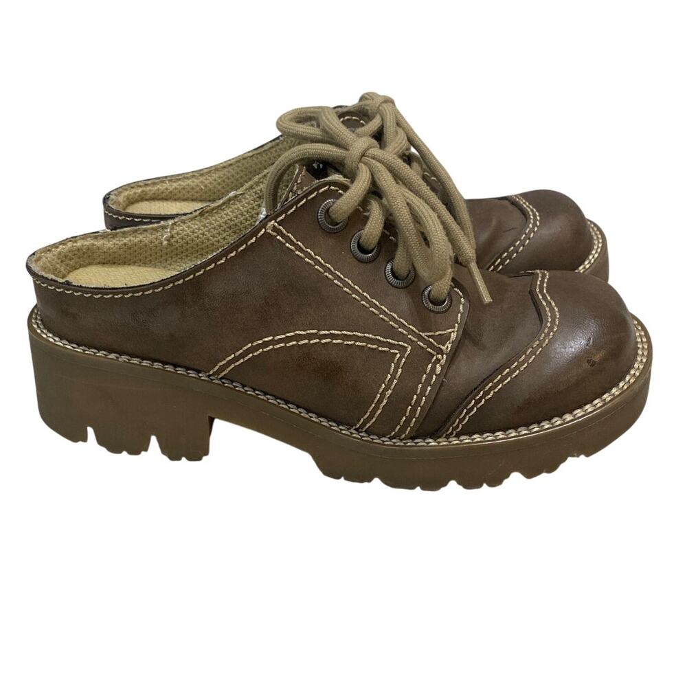 Vintage 90s Y2K Lower East Side Chunky Brown Mules Platform Lace Up Oxfords 7